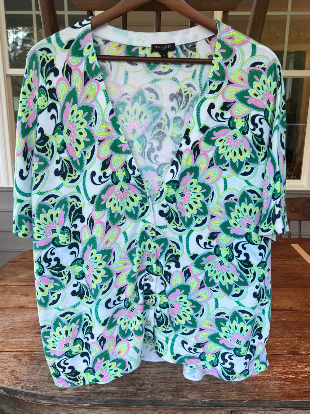 Talbots Women’s Green Navy Floral Short Sleeve Cardigan Sweater 2X Cotton Rayon
